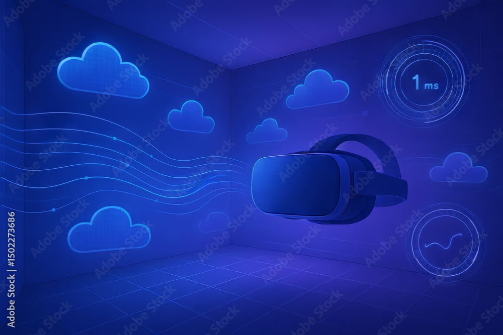 Aufkleber cloud gaming and latency concept. virtual reality headset in a blue digital environment with cloud m