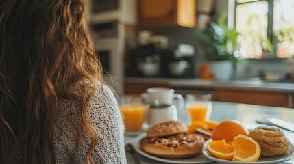 young woman having breakfast Latina Woman Having Breakfast - In the Kitchen