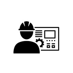 Worker in safety helmet operating machine control panel  