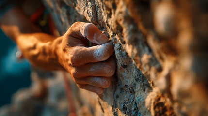 Closeup of Climber's Chalked Hand Gripping Rough Rock Face