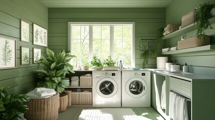 interior of a modern kitchen Laundry room with a white and green theme