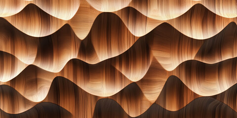 A wooden surface with a wave pattern. The wood grain is visible, and the waves are carved into the surface. Scene is one of natural beauty and craftsmanship