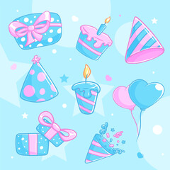 Birthday party elements and decorations in a fun cartoon style