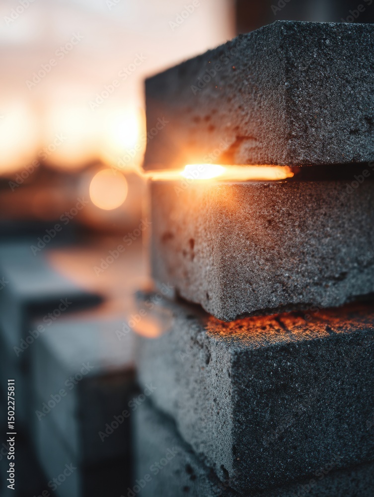 Leinwandbilder Lightweight Blocks Illuminated by Sunlight Creating a Warm Glow Against a Soft Background During Sunset