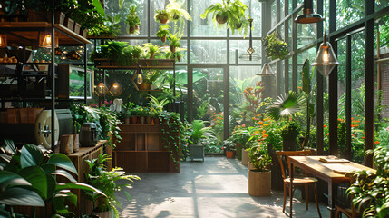 Fototapeta premium A bright indoor space filled with various plants and wooden furniture in a greenhouse setting view .