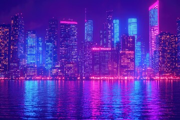 Vibrant neon cityscape at night reflecting on water.