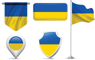 Set of Ukrainian Flags in Different Shapes and Styles