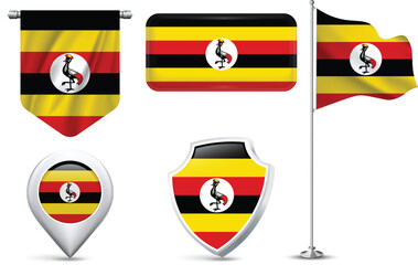 Set of Ugandan Flags in Different Shapes and Styles