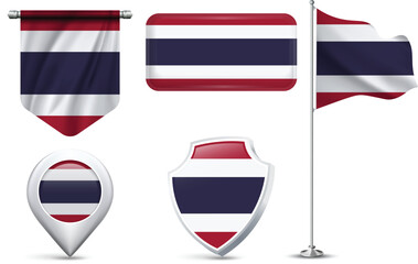Set of Thailand Flags in Different Shapes and Styles