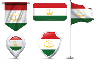 Set of Tajikistan Flags in Different Shapes and Styles