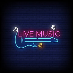 live music neon sign with brick wall background vector