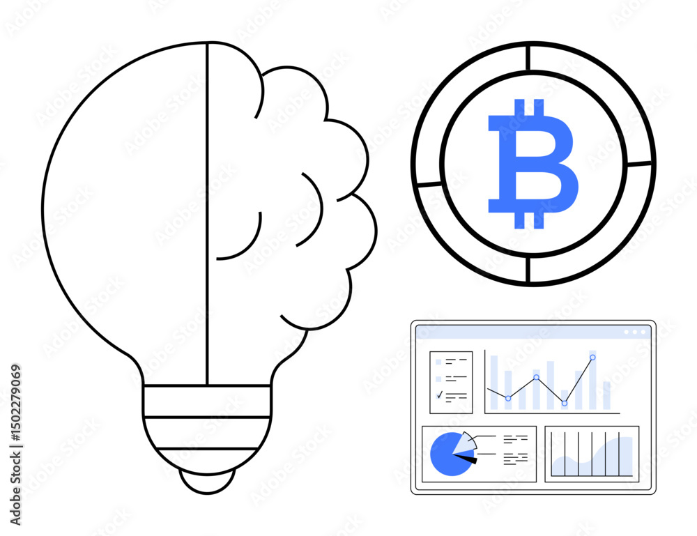 Poster lightbulb with brain, bitcoin logo, and data dashboard showcasing charts and graphs. ideal for finte