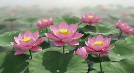 Pink Lotus Flower in Pond with Lily Pads