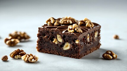 Decadent walnut brownie square with chocolate ganache and scattered nuts