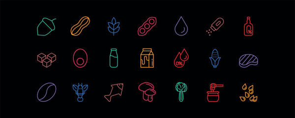 A minimal editable-stroke icon set representing allergen-free food ingredients. Includes symbols for nuts, dairy, gluten, soy, sugar, caffeine, and other common allergens. Perfect for food packaging