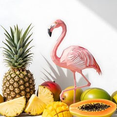 Obraz premium Flamingo pineapple mango papaya fruit tropical summer vibrant fresh colorful still life food display