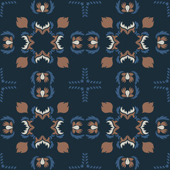 Seamless vintage damask floral tile design in blue and earthy tones, perfect for textile prints and home decor.
