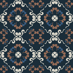 Seamless vintage damask floral tile design in blue and earthy tones, perfect for textile prints and home decor.