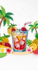 Tropical cocktail summer drink juice ice fruit palm tree vacation beverage refreshment quilling art cool
