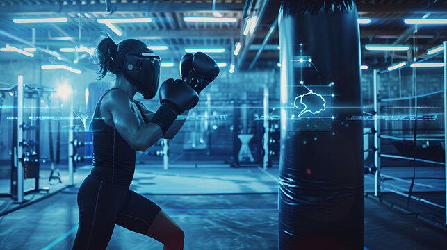 Woman boxing with headgear and gloves in a gym with a punching bag and digital brain overlay effect .