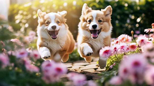 Two dogs running in the garden