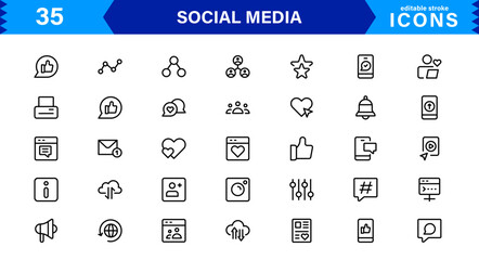 Modern Social Media Icon Set Featuring Communication, Network, Chat, Sharing, and Notification Symbols in a Minimal Professional Vector Style