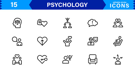 Professional Psychology Icon Set Featuring Mental Health, Therapy, Brain, Emotion, and Cognitive Elements in Clean Minimal Vector Illustration Style