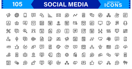 Modern Social Media Icon Set Featuring Communication, Network, Chat, Sharing, and Notification Symbols in a Minimal Professional Vector Style