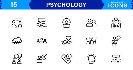 Professional Psychology Icon Set Featuring Mental Health, Therapy, Brain, Emotion, and Cognitive Elements in Clean Minimal Vector Illustration Style