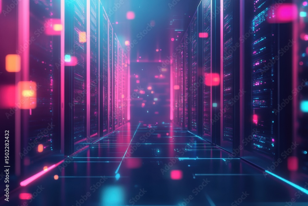 Aufkleber a server room illuminated with pink and blue lights showing data processing and information storage