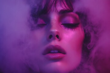 Close-up woman, vibrant colors, smoke