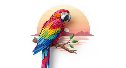 Colorful macaw parrot art perched on branch tropical bird illustration exotic avian wildlife nature scene