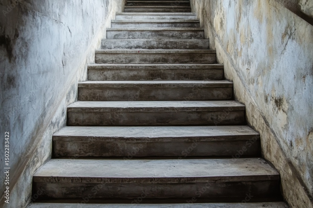 Poster a view of concrete stairs leading upwards with textured walls on either side in a dim environment