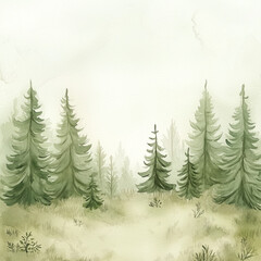 Watercolor woodland background with tiny trees. 