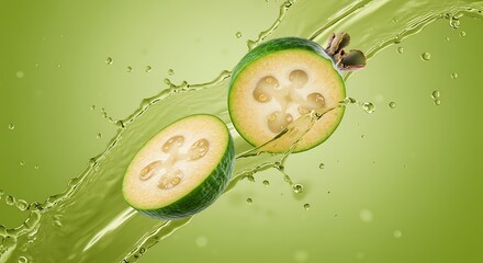 Fresh Green Feijoa Fruit with Sliced View and Juice Splash variation 3