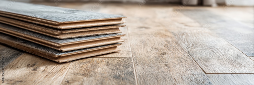 Aufkleber Laminated Flooring Stacked on Clean Surface With Ample Copy Space for Text or Branding Above