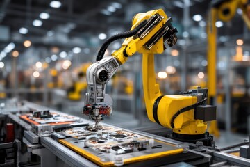 AI-powered robotic arm used for assembling parts in a high-tech manufacturing plant.