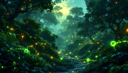 Fototapeta premium Abstract digital network with glowing nodes and data streams, representing artificial intelligence .