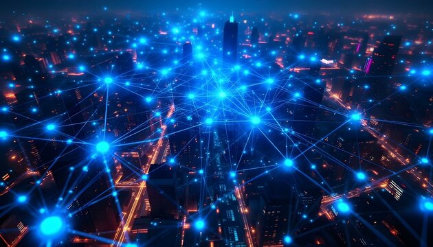 Abstract digital network with glowing nodes and data streams, representing artificial intelligence .