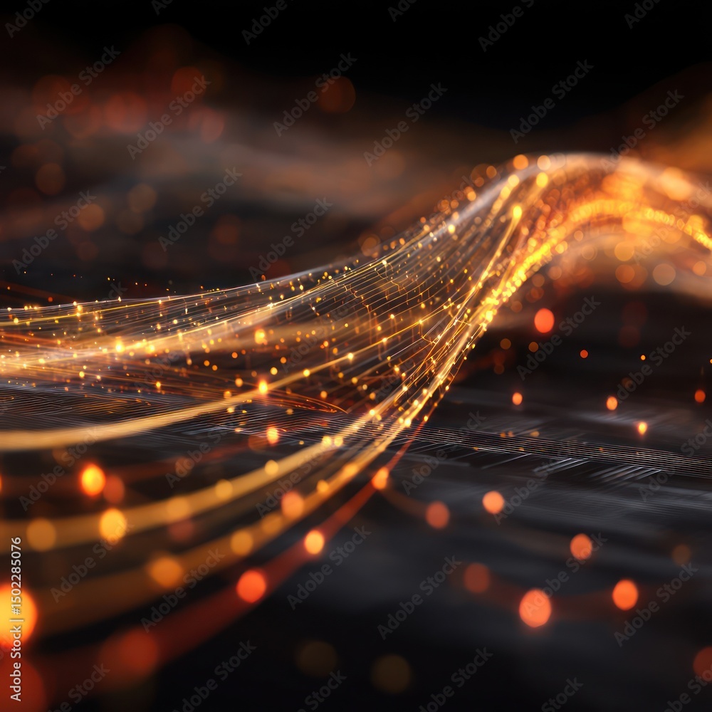 Poster abstract digital scene with glowing data streams flowing through interconnected grids.