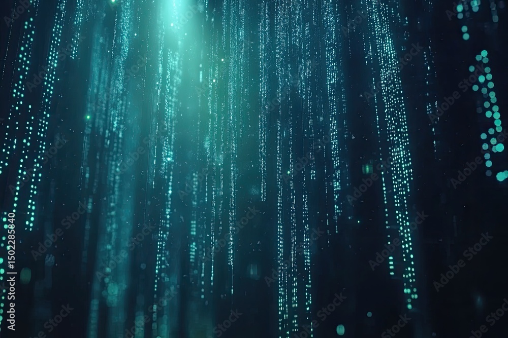 Poster abstract digital rain effect, teal-colored particles cascading downwards. glowing light source at to