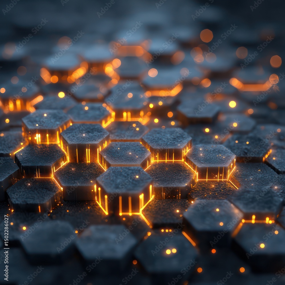 Poster futuristic tech design with a glowing honeycomb structure and vibrant lights to illustrate advanced 