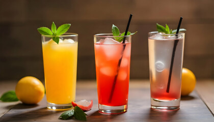 Refreshing Juices with Mint and Ice in Tall Glasses.

