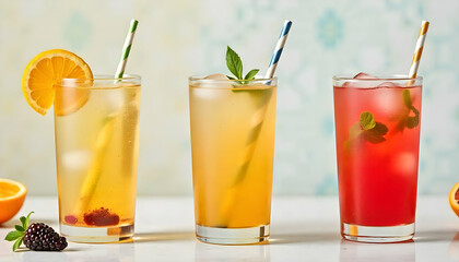 Colorful Summer Beverages with Straws and Citrus Garnishes.

