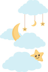 Cute Cloud With Stars And Moon Doodle Vector