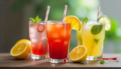 Assorted Colorful Summer Drinks with Citrus Slices and Straws.

