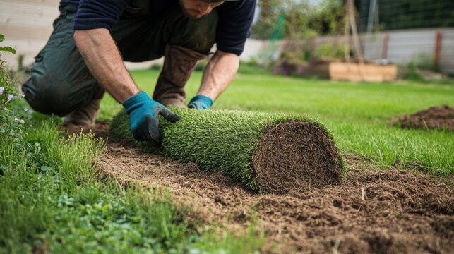 installing a fresh lawn with precision: a gardener carefully unr