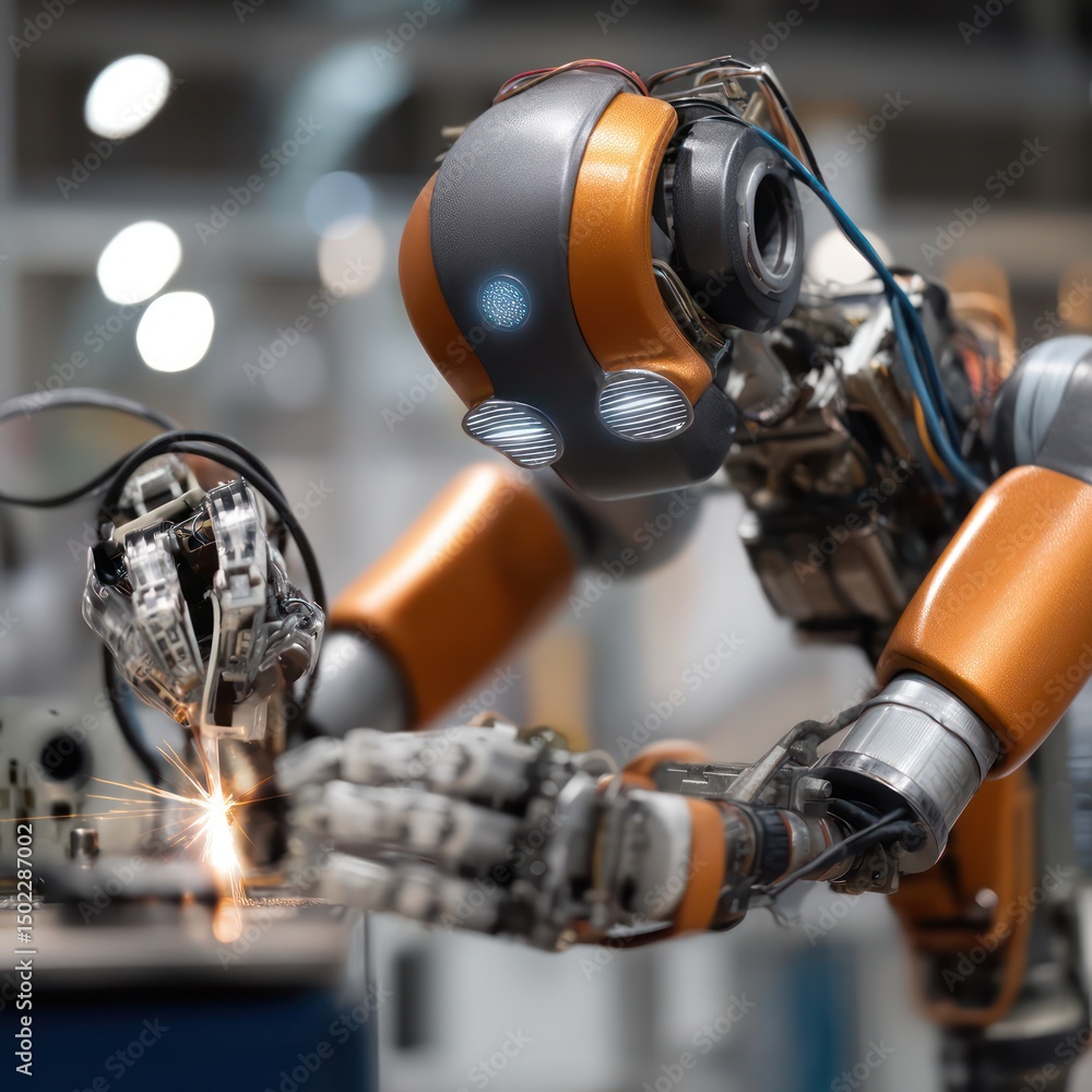 Poster autonomous robot performing sophisticated maintenance tasks with advanced technology and tools.