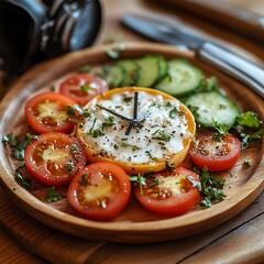 Healthy breakfast with vegetables and clock-shaped food