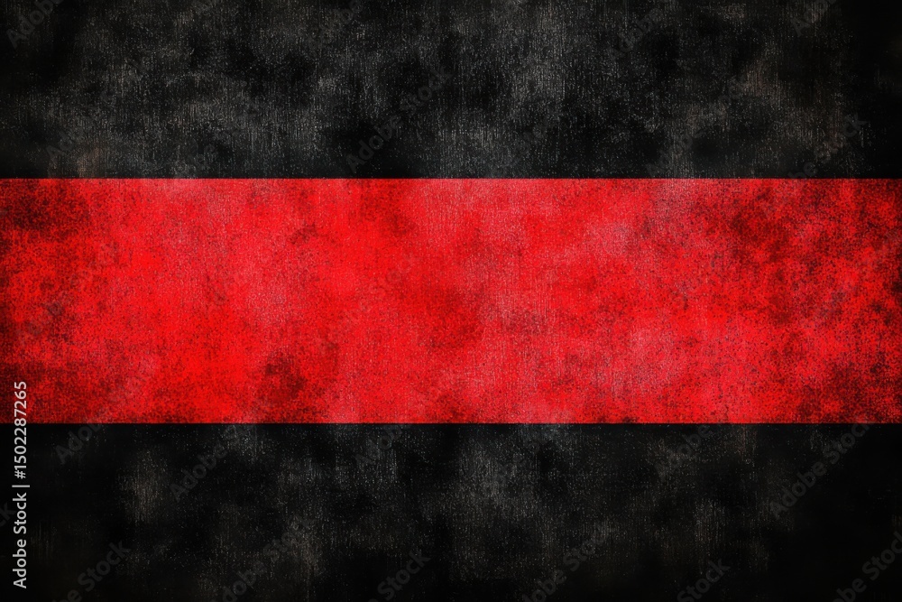 Poster a horizontal red stripe dominates a background of textured black with a distressed and grunge aesthe